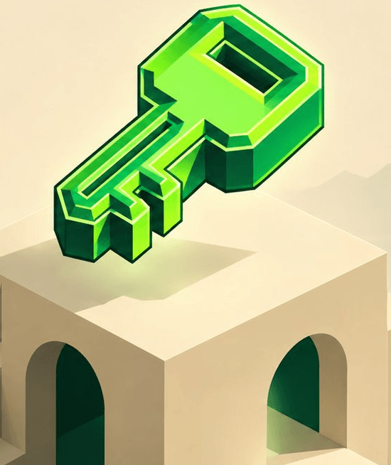 A green key suspended above an arched terrace of pale stone.